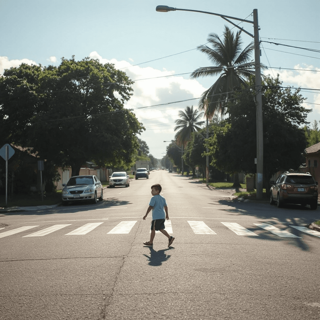 A boy crossing the road