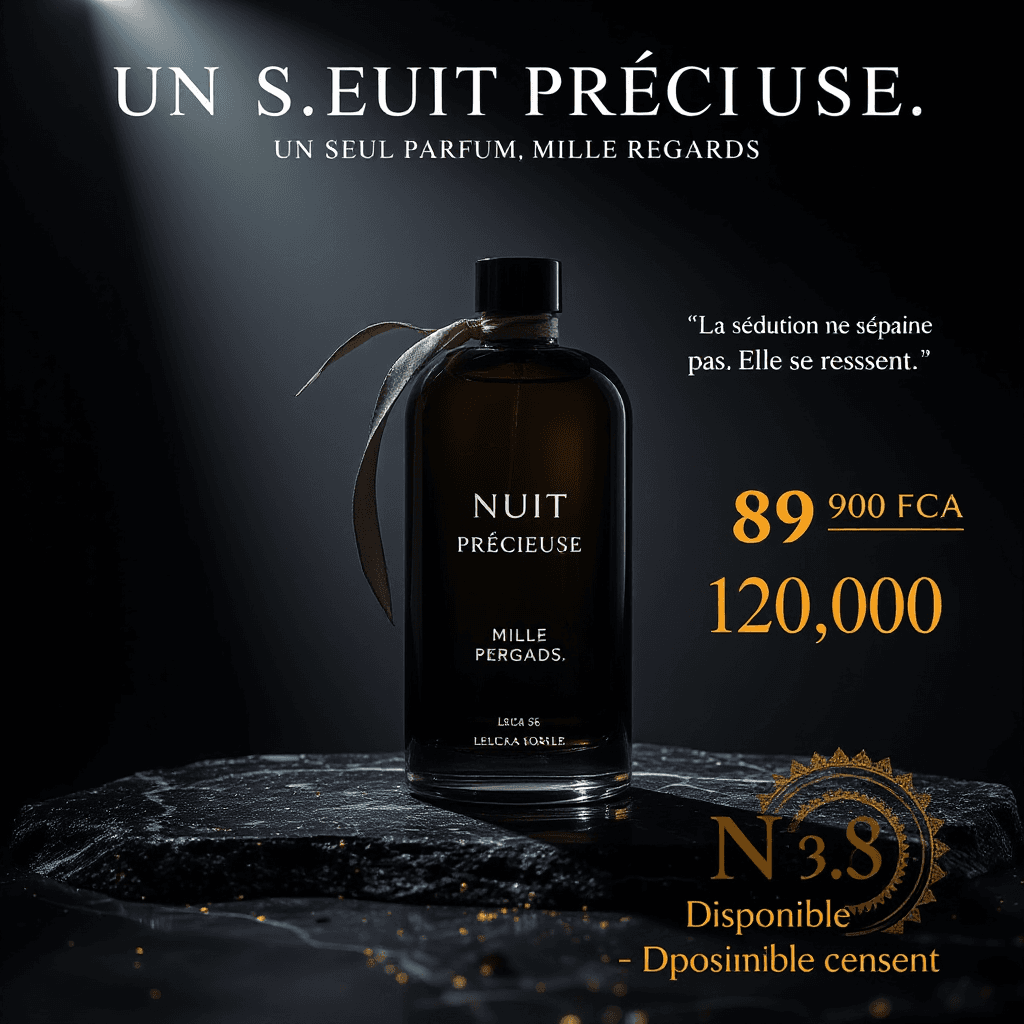Ultra-realistic luxury perfume advertising poster. A dark smoked glass bottle engraved with the name "NUIT PRÉCIEUSE" sits on a wet black marble surface. Dramatic chiaroscuro lighting — single overhead spotlight creates a sharp cone of light. Deep black velvet background with microscopic gold dust particles floating in the air. A silk ribbon draped around the bottle neck. Thin mist at the base. Reflection of the bottle on marble surface.
Bold headline text overlay at top: "UN SEUL PARFUM. MILLE REGARDS." in white ultra-thin serif font, centered.
Italic quote below: "La séduction ne s'explique pas. Elle se ressent."
Bottom right: glowing gold price badge reading "89 900 FCFA" in elegant font, crossed-out "120 000" in gray above it.
Bottom center: "✦ Disponible maintenant ✦" in tiny uppercase gold tracking letters.
Shot with Leica S3. Color grade: deep blacks, warm gold tones, zero overexposure. 8K. Luxury editorial print style. Aspect ratio 4:5 (Instagram).