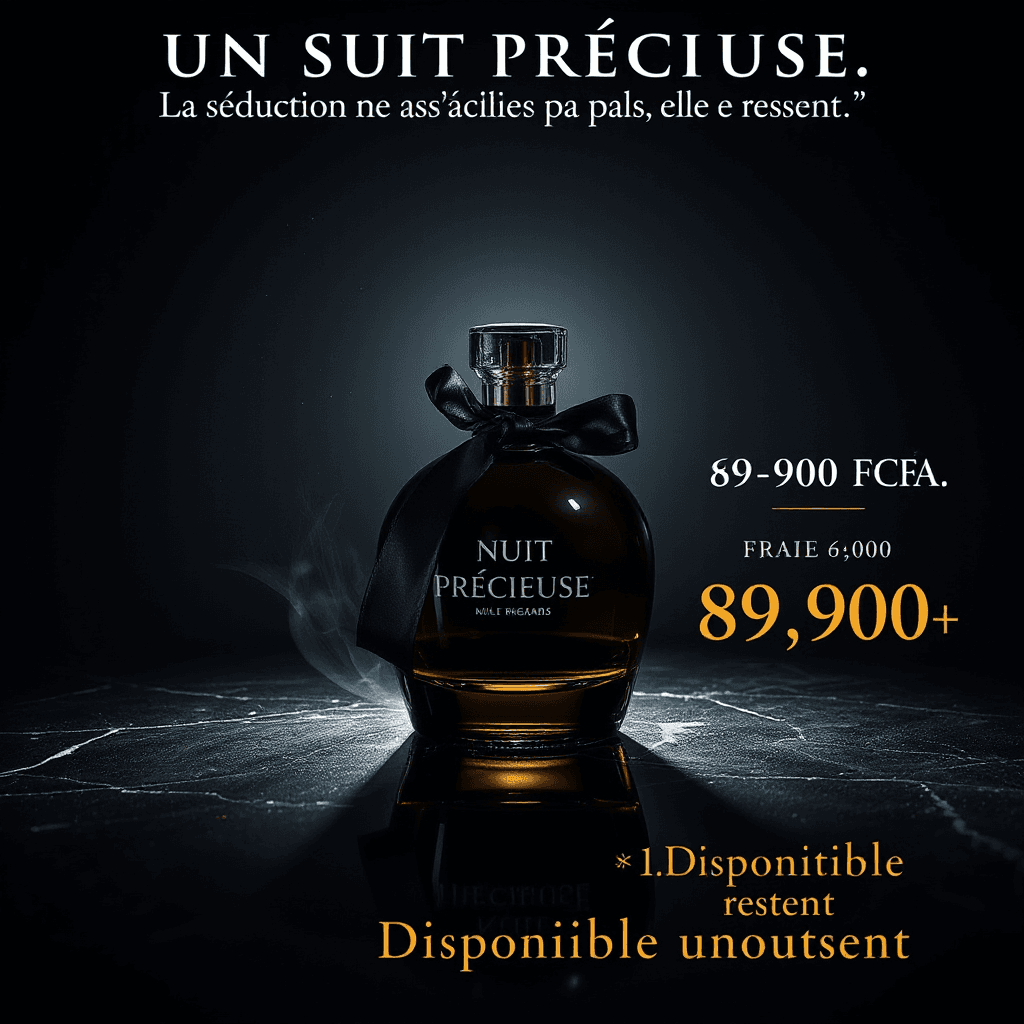 Ultra-realistic luxury perfume advertising poster. A dark smoked glass bottle engraved with the name "NUIT PRÉCIEUSE" sits on a wet black marble surface. Dramatic chiaroscuro lighting — single overhead spotlight creates a sharp cone of light. Deep black velvet background with microscopic gold dust particles floating in the air. A silk ribbon draped around the bottle neck. Thin mist at the base. Reflection of the bottle on marble surface.
Bold headline text overlay at top: "UN SEUL PARFUM. MILLE REGARDS." in white ultra-thin serif font, centered.
Italic quote below: "La séduction ne s'explique pas. Elle se ressent."
Bottom right: glowing gold price badge reading "89 900 FCFA" in elegant font, crossed-out "120 000" in gray above it.
Bottom center: "✦ Disponible maintenant ✦" in tiny uppercase gold tracking letters.
Shot with Leica S3. Color grade: deep blacks, warm gold tones, zero overexposure. 8K. Luxury editorial print style. Aspect ratio 4:5 (Instagram).
