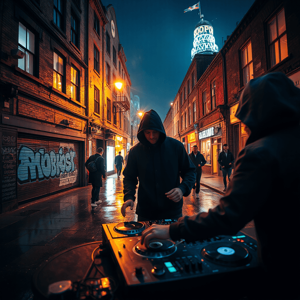 "A gritty UK breakbeat scene in London at night, urban underground vibe, wet streets reflecting neon lights, old brick buildings covered in graffiti, pirate radio tower on the rooftop, a hooded DJ with vinyl turntables and MPC sampler, heavy bass atmosphere, breakdancers in motion (freeze, spin), motion blur, cinematic lighting, moody blue and orange tones, light rain, fog, street lights glowing, retro 90s rave aesthetic mixed with modern cyberpunk elements, raw energy, high contrast, ultra detailed, 8k, sharp focus, depth of field, dramatic composition, in cyberpunk style