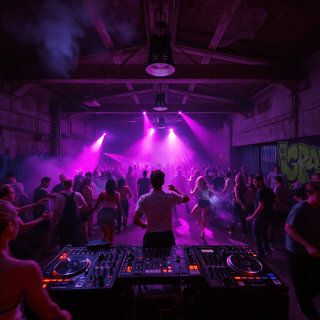 A high-energy underground breakbeat rave scene in an abandoned industrial warehouse at night. Neon strobe lights flash in sync with heavy drum patterns. A DJ stands behind a chaotic setup of turntables, samplers, and cables, surrounded by a crowd of dancers moving wildly in slow motion. The atmosphere is gritty, raw, and emotional. Smoke fills the air, lasers cut through darkness, graffiti-covered concrete walls glow under UV light. The style is cinematic, 1990s UK rave aesthetic, analog VHS texture, slight motion blur, high contrast lighting, cyberpunk underground energy, ultra detailed, 3000x3000 resolution.
