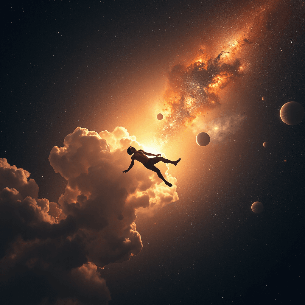 Ultra cinematic cosmic ambient album cover, a human floating peacefully in deep space, weightless body drifting between glowing nebula clouds, soft starlight illuminating the silhouette, distant galaxies and planets surrounding, warm dreamy color palette of deep blues, purples and gold light, feeling of happiness, calm and inner peace, surreal space atmosphere, soft glowing particles, ethereal light trails, minimal composition, high detail, futuristic spiritual vibe, 4K, album cover art, emotional, tranquil, inspirational, no text