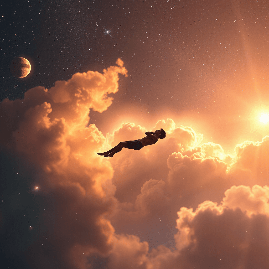 Ultra cinematic cosmic ambient album cover, a human floating peacefully in deep space, weightless body drifting between glowing nebula clouds, soft starlight illuminating the silhouette, distant galaxies and planets surrounding, warm dreamy color palette of deep blues, purples and gold light, feeling of happiness, calm and inner peace, surreal space atmosphere, soft glowing particles, ethereal light trails, minimal composition, high detail, futuristic spiritual vibe, 4K, album cover art, emotional, tranquil, inspirational, no text