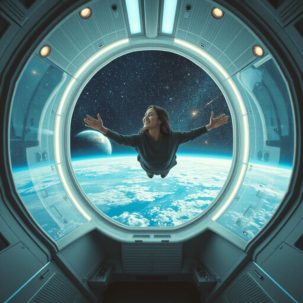Futuristic spaceship interior with huge transparent windows showing endless universe, Earth and galaxies passing slowly outside, a relaxed person floating in zero gravity smiling peacefully, soft holographic lights, clean sci-fi design, emotional happiness, ambient cinematic lighting, ultra realistic, album cover style, 4K