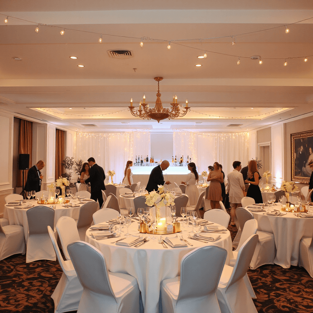 Une salle élégante décorée en blanc et or, avec des tables rondes nappées de blanc, centres de table dorés avec bougies et fleurs blanches. Des guirlandes lumineuses chaudes créent une ambiance chic et festive. Des invités en tenue habillée (robes blanches, costumes avec touches dorées) discutent et rient, un bar lumineux en fond avec verres à champagne. Éclairage doux, ambiance glamour et raffinée.