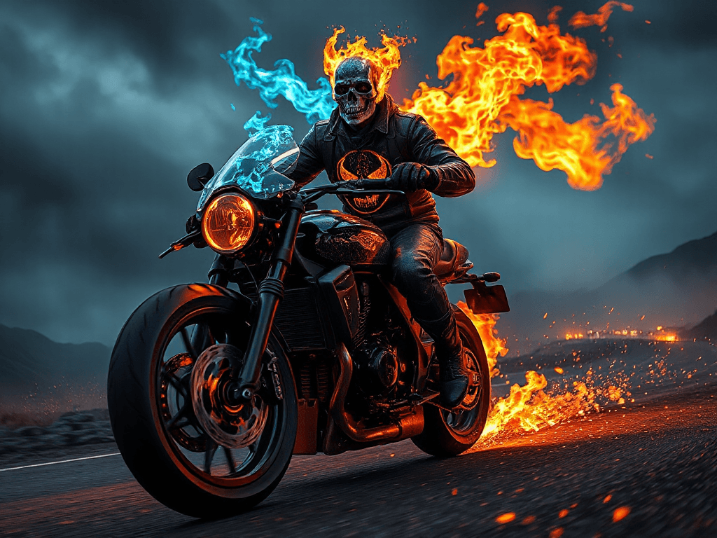A dark anime-style warrior inspired by a ghost rider, with a flaming skull head engulfed in blue and orange supernatural fire, wearing a black leather jacket with glowing demonic patterns, riding a futuristic hell motorcycle with burning wheels. The scene is set on a deserted mountain road at night, surrounded by fog and sparks. Intense cinematic lighting, glowing fire reflections, dynamic motion, dramatic perspective, ultra-detailed anime illustration, sharp lineart, vibrant colors, 4K, masterpiece quality, in anime style