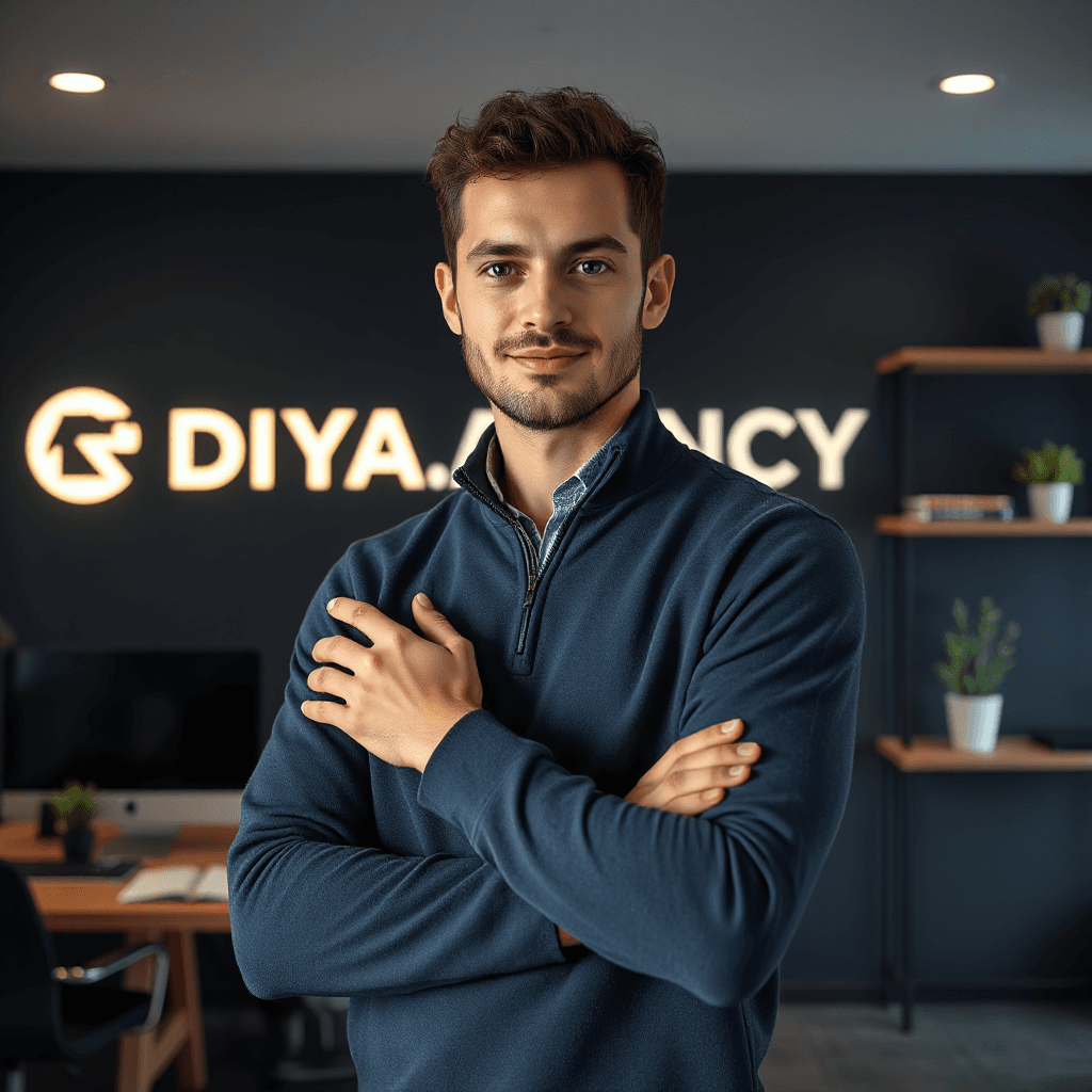 A highly realistic professional portrait of a young confident man standing in a modern office, arms crossed, looking directly at the camera with a calm and assertive expression. He has short curly dark hair, light stubble, and wears a navy blue zip-up sweater. Behind him, a minimalist dark wall with a glowing modern logo and the text "DIYA.AGENCY". The office is stylish and clean, with a wooden desk, computer, and decorative shelves with plants and objects. Soft cinematic lighting, warm tones, depth of field, ultra-detailed skin texture, 8K resolution, professional corporate photography, sharp focus, realistic shadows, high-end branding atmosphere.