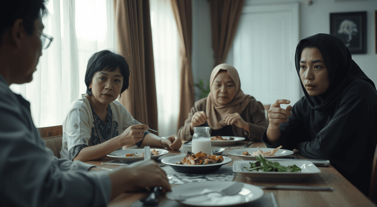 Indonesian family sitting together at dining table, mother-in-law and daughter-in-law present, atmosphere awkward and silent, everyone eating quietly, no interaction, close-up shots of facial expressions avoiding eye contact, soft natural indoor lighting, cinematic realism, shallow depth of field, emotional tension, documentary style, slow camera pan