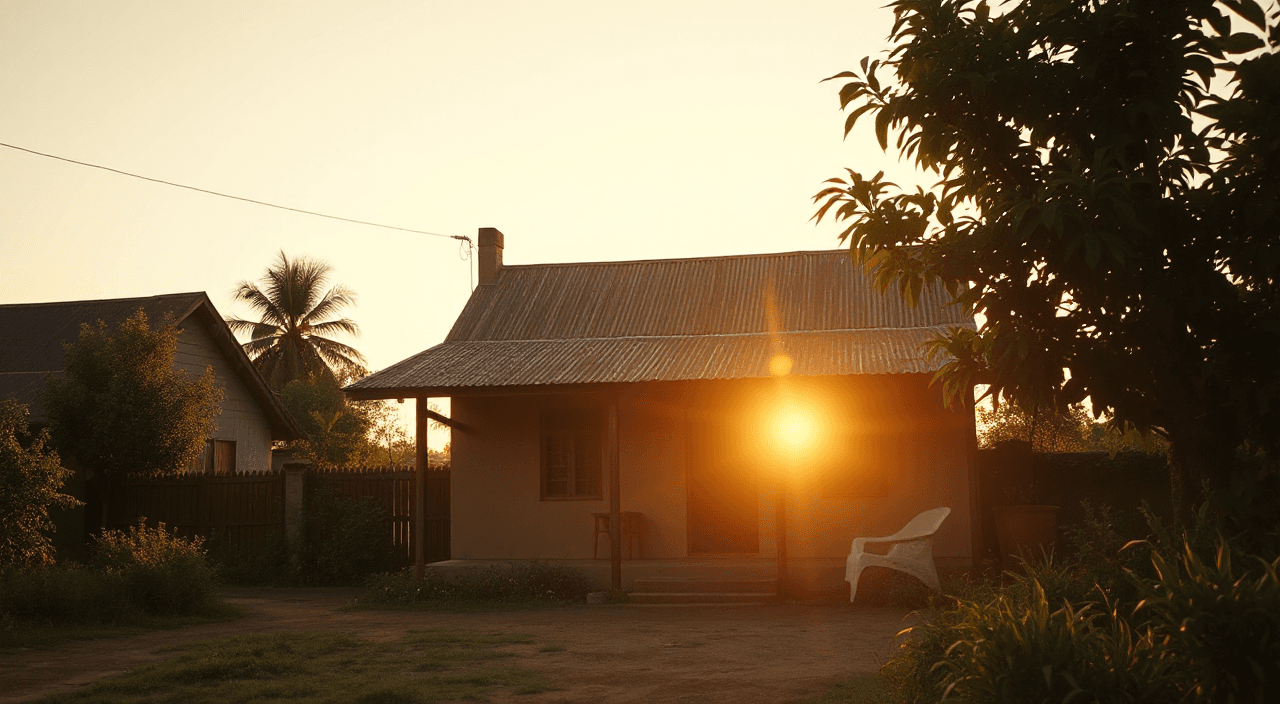 "Cinematic shot of a simple Indonesian family house in the late afternoon golden hour, warm lighting, slow camera push-in toward the house, quiet atmosphere, realistic style, emotional tension hidden beneath calm environment”, in 3d-rendered style
