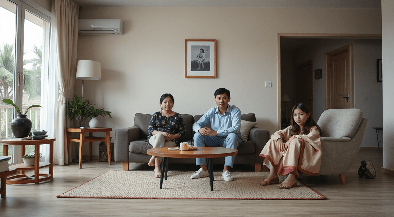 “Interior living room, three people sitting in awkward silence: mother-in-law, son, and daughter-in-law, arranged in triangle composition, subtle tension, natural lighting, minimalist realistic Indonesian home, cinematic framing”, in 3d-rendered style