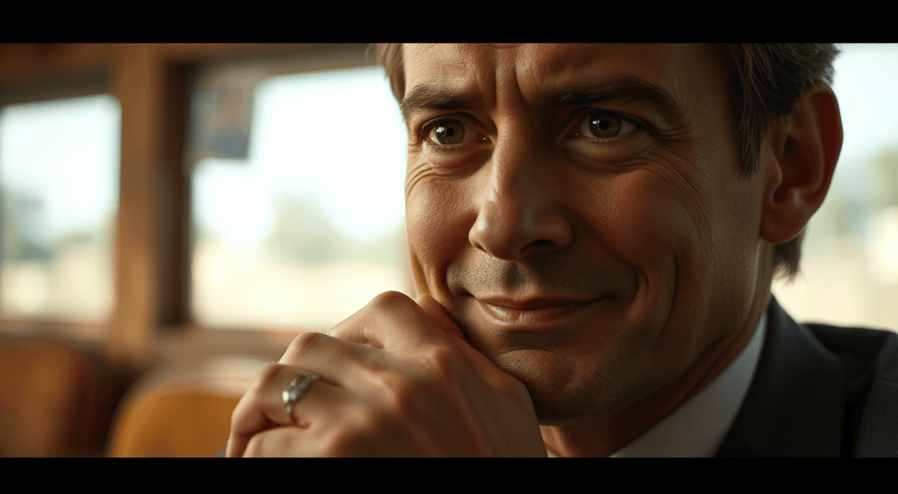 “Close-up deadpan expressions: polite smile but tense eyes, hands folded tightly, subtle discomfort, shallow depth of field, cinematic realism, emotional micro expressions”, in 3d-rendered style