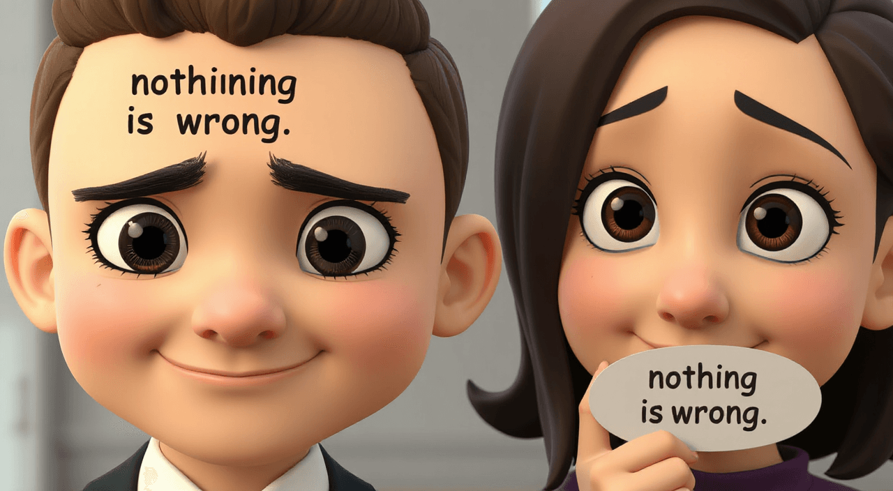 Close-up shots of each character saying “nothing is wrong” with polite smiles. However their eyes show different emotions: discomfort, avoidance, and hesitation. Slight comedic deadpan timing. Minimal movement. Silence is emphasized., in 3d-rendered style