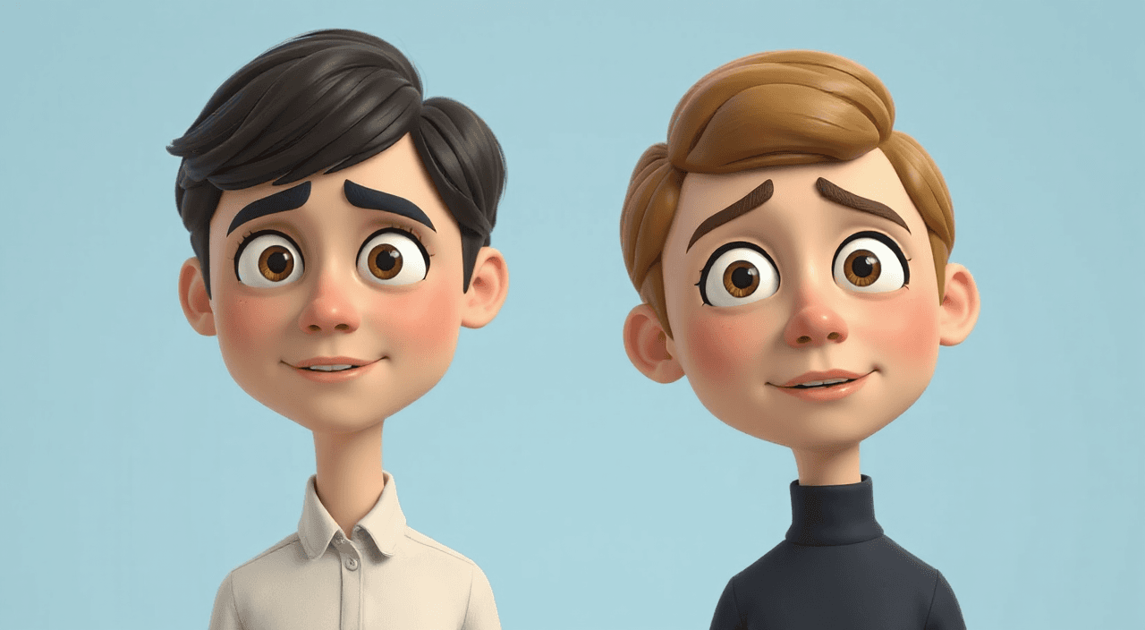 Close-up shots of each character saying “nothing is wrong” with polite smiles. However their eyes show different emotions: discomfort, avoidance, and hesitation. Slight comedic deadpan timing. Minimal movement. Silence is emphasized., in 3d-rendered style