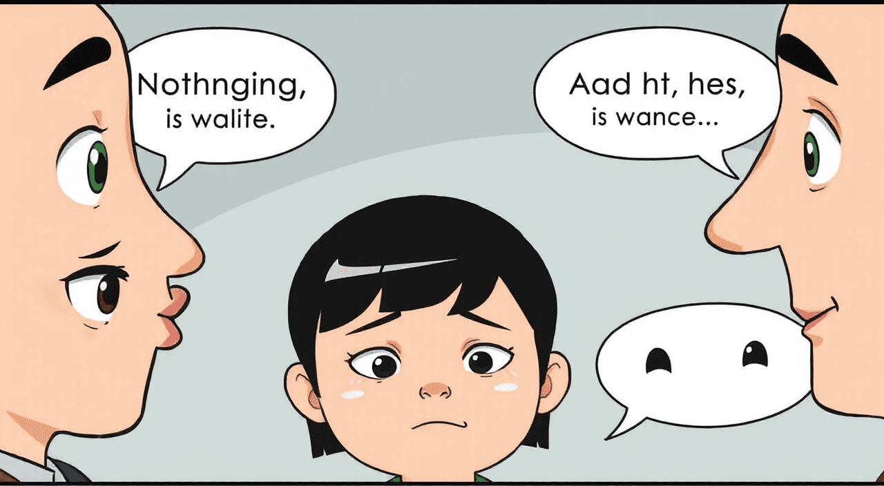 Close-up shots of each character saying “nothing is wrong” with polite smiles. However their eyes show different emotions: discomfort, avoidance, and hesitation. Slight comedic deadpan timing. Minimal movement. Silence is emphasized., in cartoon style