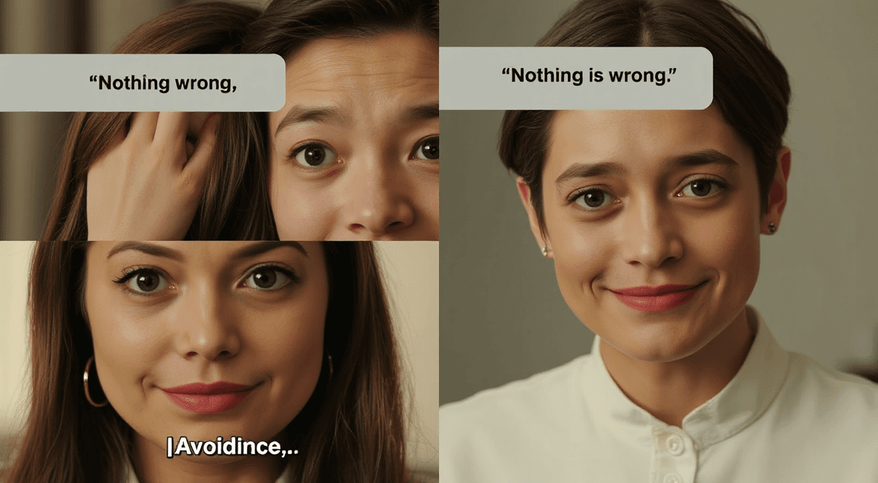Close-up shots of each character saying “nothing is wrong” with polite smiles. However their eyes show different emotions: discomfort, avoidance, and hesitation. Slight comedic deadpan timing. Minimal movement. Silence is emphasized.