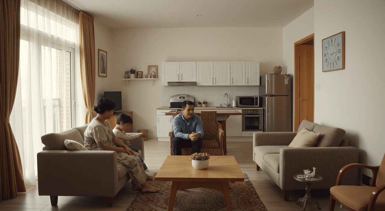 Cinematic wide shot of a simple modern Indonesian family house interior, living room connected to kitchen, soft morning natural light entering through window curtains, warm neutral color palette, clean realistic home environment, three characters visible in one frame but emotionally separated, mother-in-law sitting on sofa, son sitting in the middle, daughter-in-law near kitchen area, calm but tense atmosphere, ultra realistic, 4K, film still, shallow depth of field, documentary cinematic style