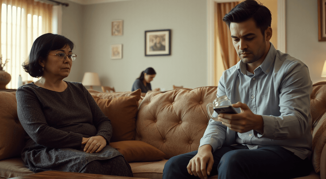 Medium cinematic shot inside a family living room, mother-in-law sitting on sofa with subtle observant expression, arms gently folded, son sitting slightly awkward looking at phone but distracted, daughter-in-law in background pretending to be busy making tea, emotional distance between all characters, quiet tension atmosphere, soft natural lighting, realistic facial expressions, cinematic depth of field, 4K ultra realistic