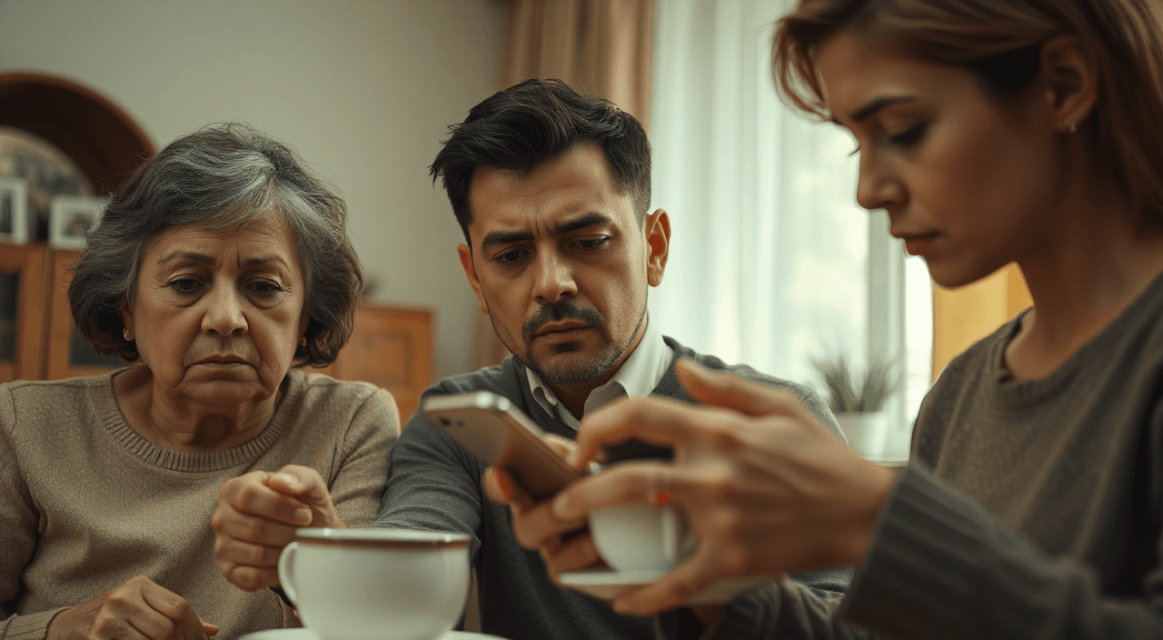 Close-up cinematic shot showing subtle emotional tension in a family home, mother-in-law slightly narrowing eyes while observing, son scrolling phone but face shows discomfort, daughter-in-law carefully placing tea cup with overly controlled movement, minimal dialogue atmosphere, silent cold tension feeling, soft warm lighting, ultra realistic skin detail, shallow depth of field, film still, 4K