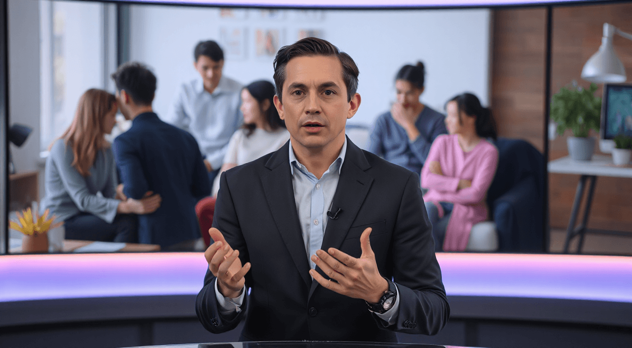 Medium shot of news presenter explaining social phenomenon, calm professional tone, subtle hand gesture, background screen showing blurred family household visuals and generational contrast imagery, clean modern studio lighting, documentary style realism, cinematic depth of field, 4K ultra detailed