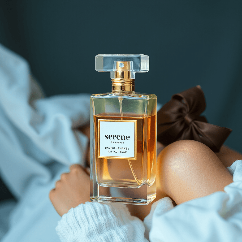 a perfume braand model for instagram post , brand name "serene",