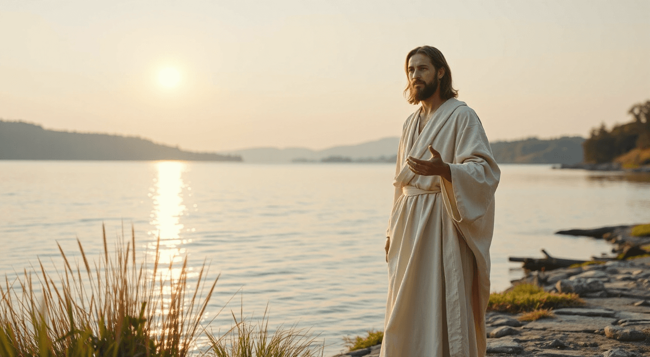 A peaceful, spiritually uplifting YouTube banner image designed to evoke tranquility, devotion, and sacred musical atmosphere, centered around a serene depiction of Jesus near a calm lakeside at golden hour. Jesus stands gently to the right side of the frame, wearing soft off-white linen robes with subtle beige undertones, relaxed posture, arms slightly open in a welcoming gesture, expression compassionate and calm, eyes gazing softly toward the horizon, conveying inner peace and divine presence.
Foreground elements include a smooth reflective water surface with gentle ripples catching warm sunlight. Slightly blurred natural grasses frame the bottom edge, adding depth. The midground features a subtle shoreline path with natural textures like stones and wood, guiding the eye toward the subject. In the background, soft rolling hills and minimal tree silhouettes fade into a pastel sky transitioning from light blue to warm golden tones.
Lighting is soft and cinematic, natural golden hour sunlight acting as the key light, creating warm highlights and long soft shadows. Ambient sky light provides gentle fill, maintaining balanced contrast. A subtle rim light effect separates the figure from the background. Overall lighting is diffused, calm, and natural.
Color palette follows a 60-30-10 harmony:
– 60% soft blue and teal tones (calmness, peace)
– 30% warm golden and beige hues (comfort, spirituality)
– 10% soft green and off-white accents (balance, purity)
Highly realistic textures: natural skin detail, soft fabric folds, subtle water reflections, organic vegetation. Clean composition with negative space on the left side for potential text overlay (YouTube safe area). Wide cinematic framing (16:9).
Camera perspective at eye level, natural depth of field with gentle background blur. Sharp focus on the subject, soft transitions across layers.
Style keywords: cinematic, photorealistic, ultra detailed, soft lighting, peaceful mood, spiritual atmosphere, high resolution, clean composition
Negative prompt: low quality, blurry, oversaturated, harsh shadows, distorted face, unrealistic anatomy, cartoon style, text, watermark, noise, cluttered scene