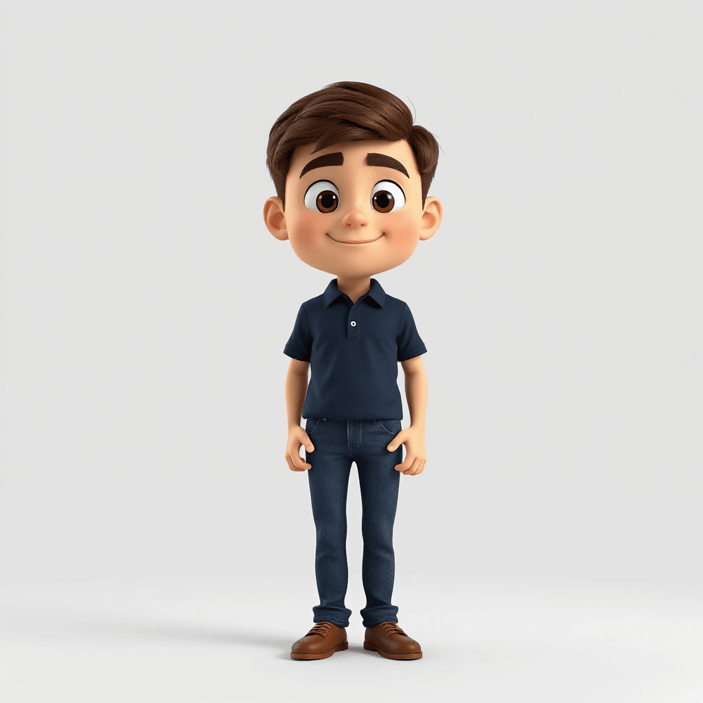 3D cartoon male character, full body front view, slightly overweight body, fair skin, round face, short dark brown hair styled neatly, thick eyebrows, big brown eyes, soft smile, clean face, wearing dark navy blue polo t-shirt, slim blue jeans, brown shoes, standing straight, arms relaxed, Pixar style, soft lighting, plain light grey background, high quality, ultra detailed, same character consistency, centered composition