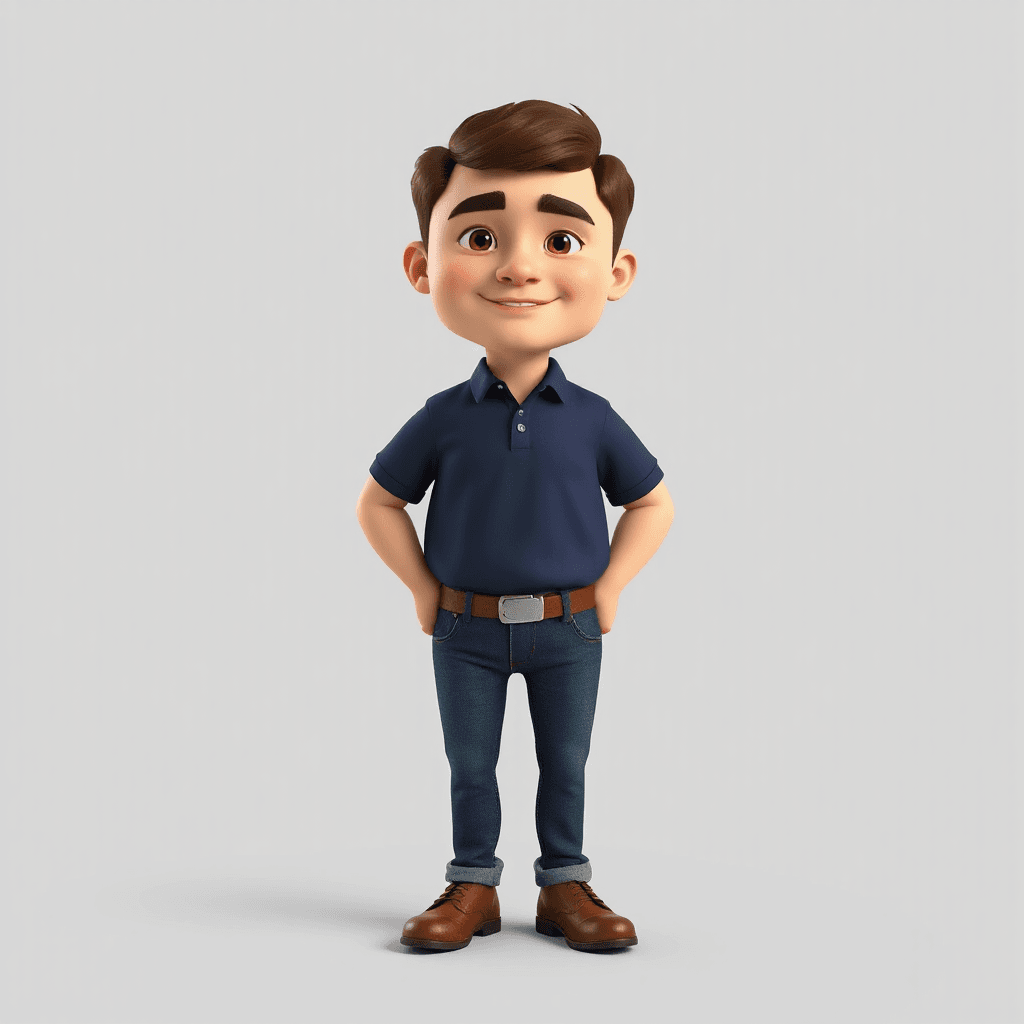 3D cartoon male character, full body front view, slightly overweight body, fair skin, round face, short dark brown hair styled neatly, thick eyebrows, big brown eyes, soft smile, clean face, wearing dark navy blue polo t-shirt, slim blue jeans, brown shoes, standing straight, arms relaxed, Pixar style, soft lighting, plain light grey background, high quality, ultra detailed, same character consistency, centered composition
30years old man