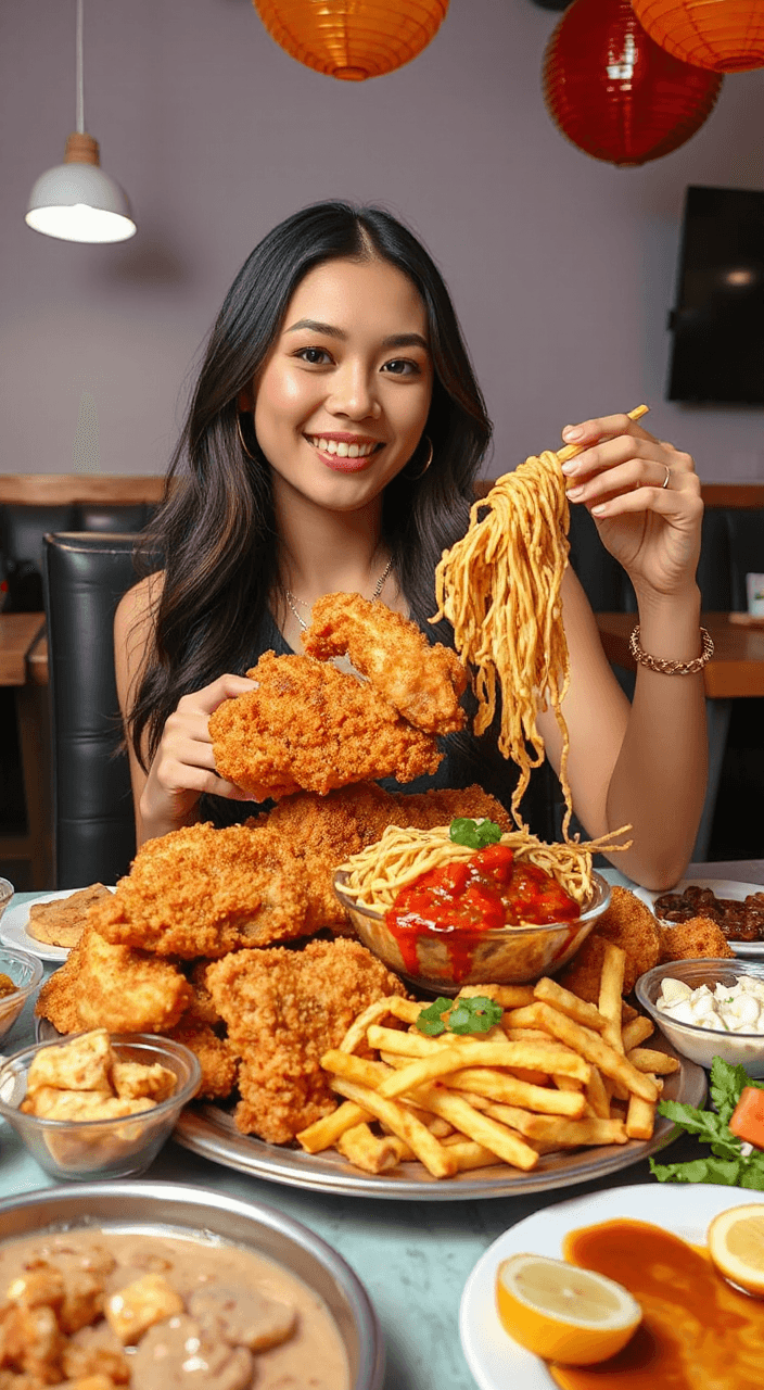 Beautiful young female mukbang streamer, trendy aesthetic, oversized feast on table, crispy fried chicken, noodles, colorful desserts, smiling while eating, ASMR microphone visible, vibrant lighting, viral TikTok style, cinematic realism