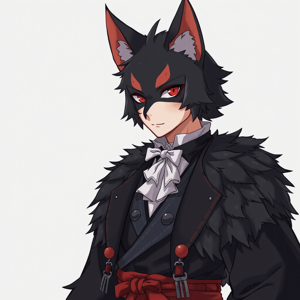 mache einen schwarzen furry mit braunen harren und einen schwarzen anzug mit roter kravate, in anime style