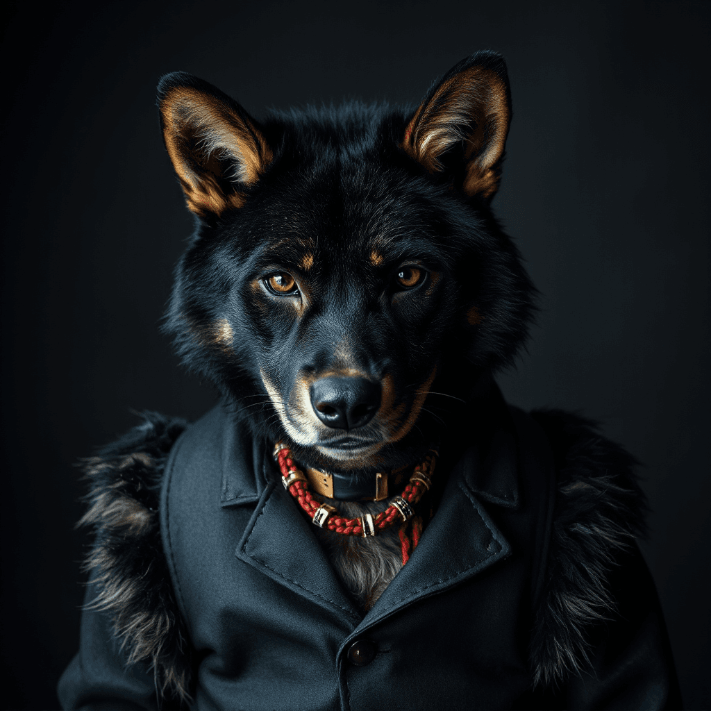 mache einen schwarzen furry mit braunen harren und einen schwarzen anzug mit roter kravate keine person