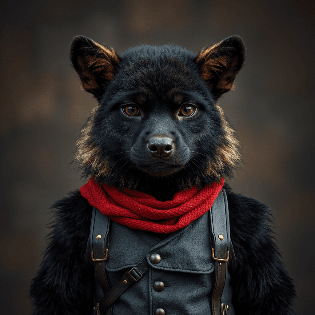 mache einen schwarzen furry mit braunen harren und einen schwarzen anzug mit roter kravate keine person
