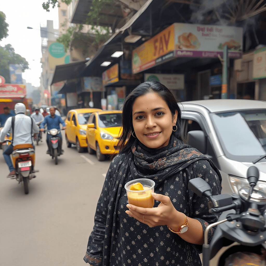 The same woman from the reference image walks slowly through a busy Delhi morning food street while filming herself in natural selfie vlog style with realistic handheld shake and walking motion, vendors fry fresh samosas and pour hot chai while steam fills the air and local traffic moves naturally behind her, she smiles while tasting crispy kachori and says in Hindi “दोस्तों, सुबह सुबह दिल्ली के स्ट्रीट फूड का मज़ा ही अलग है। ये गरमा गरम कचौरी और चाय सच में बहुत स्वादिष्ट है!”