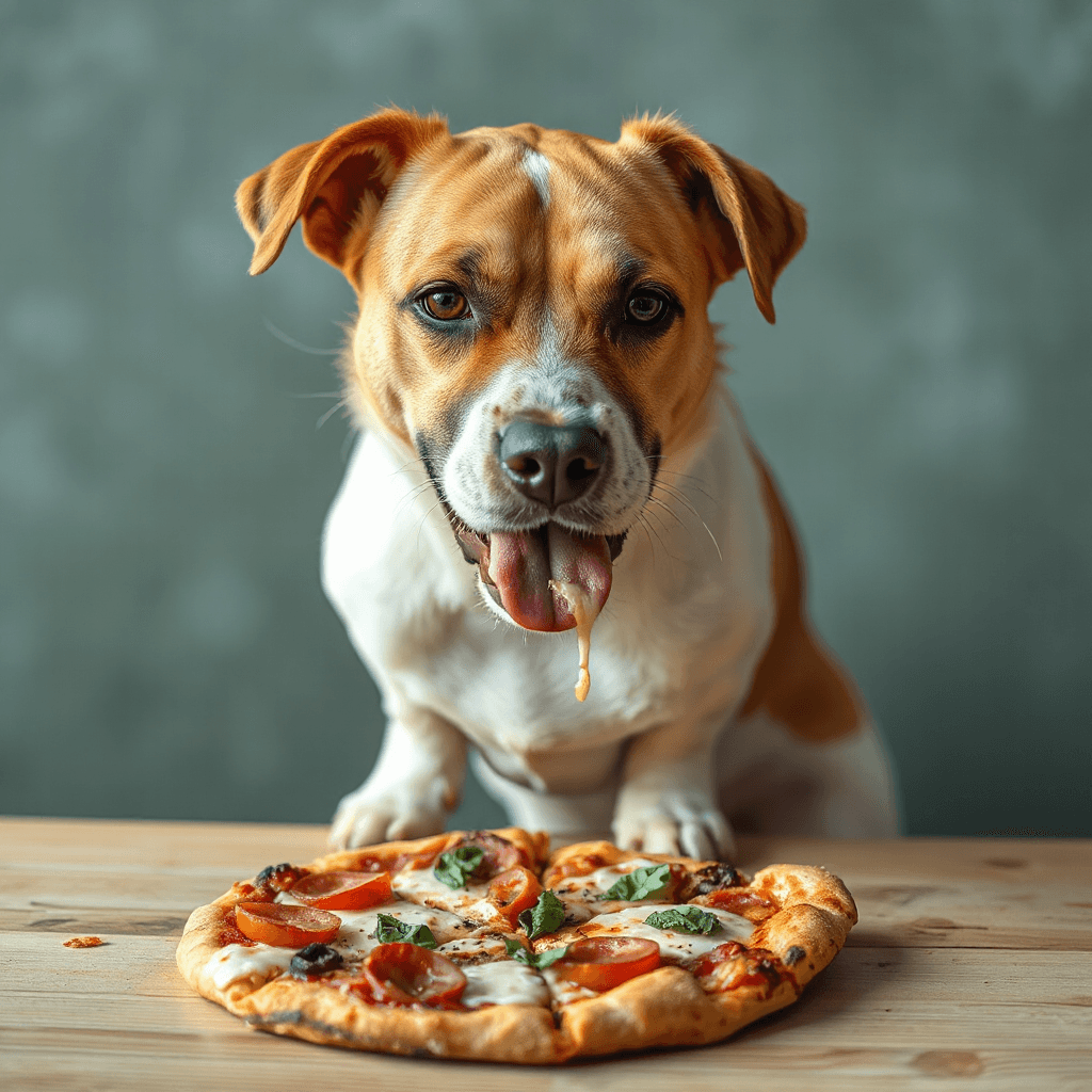 a dog eaating pizza