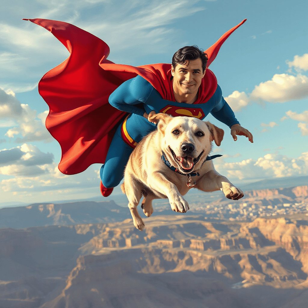 superman flying with dog