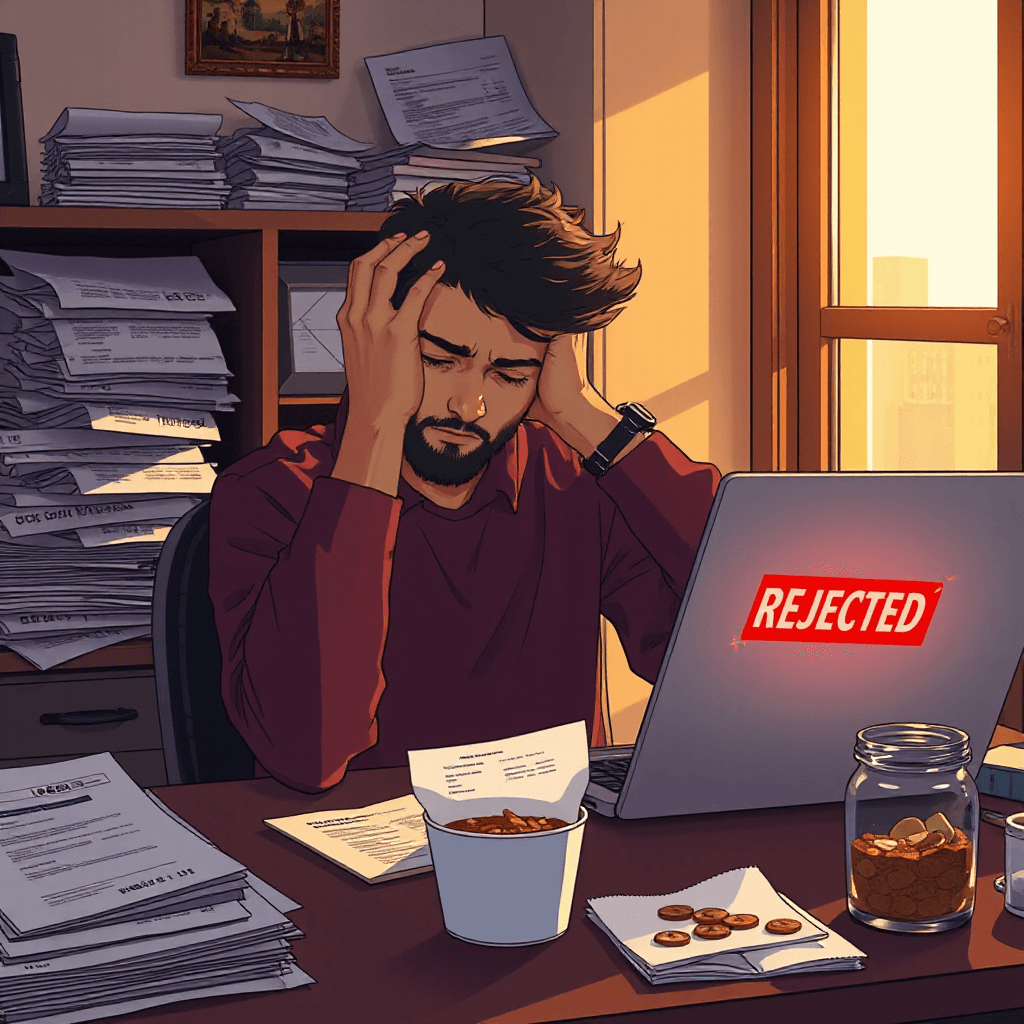 Cinematic anime illustration of a young man with a beard and short afro hair, looking exhausted and stressed, holding his head in his hands at a desk. The room is messy with stacks of unpaid bills and "final notice" letters. On his laptop screen, a bold "REJECTED" message is visible. A half-eaten cup of instant noodles and a jar with a few coins sit nearby. Dramatic golden hour lighting from a window creates long, heavy shadows. High contrast, lofi aesthetic, cel-shaded, 4k.