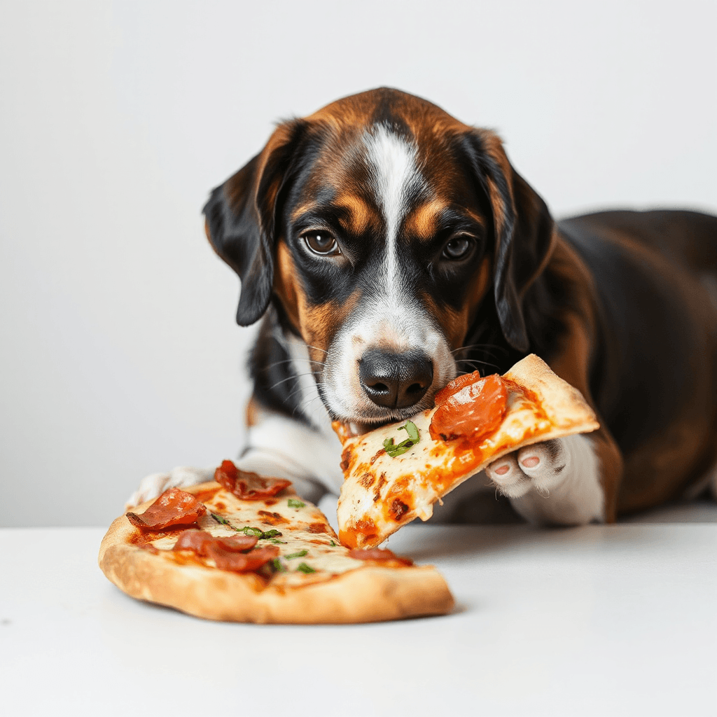 a dog eating pizza