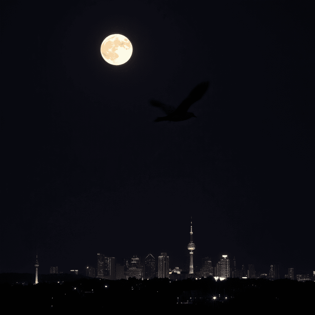 moon night flying in full moon above city