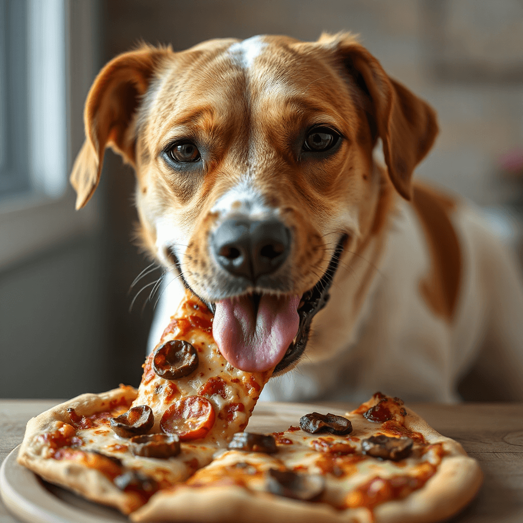 a dog eating pizza