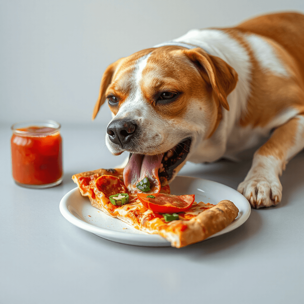 a dog eating pizza