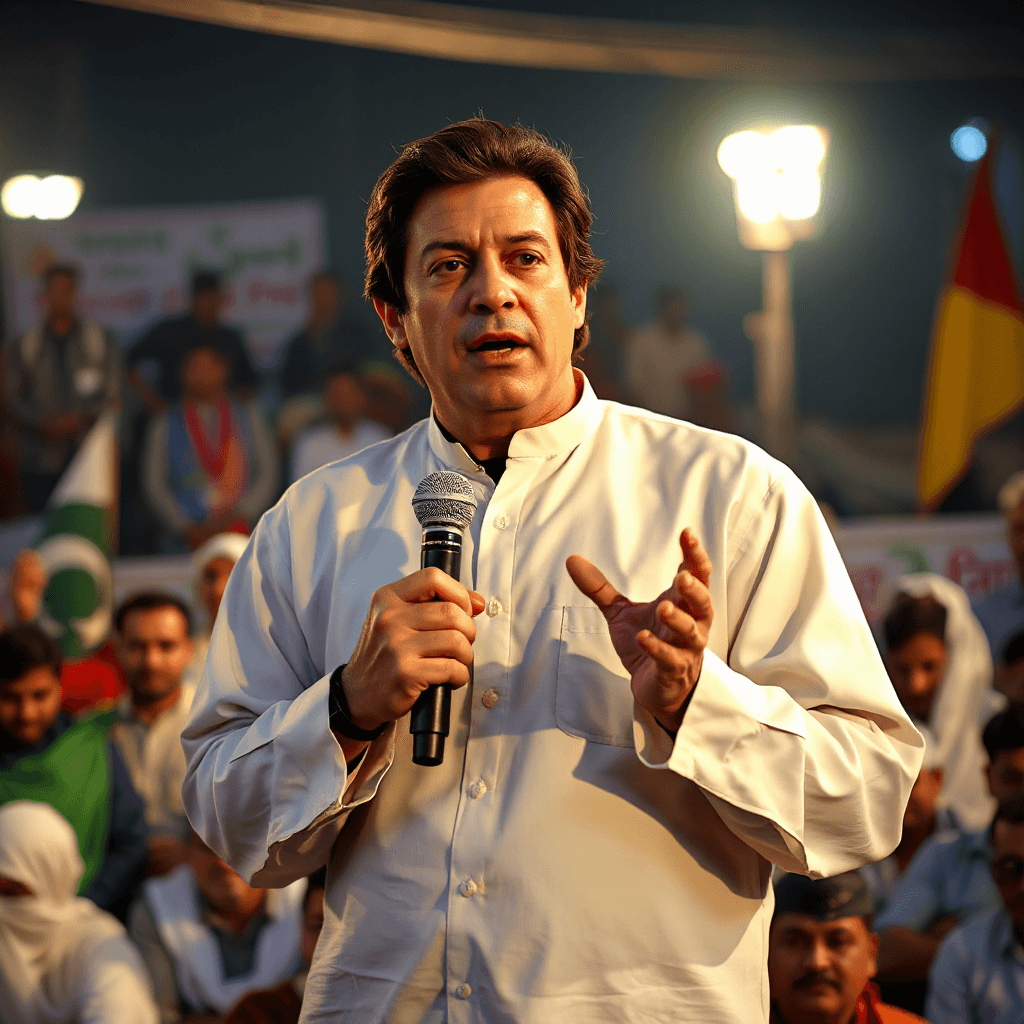 A photorealistic image of Imran Khan speaking at a public rally, standing on a stage and holding a microphone with a serious and determined expression. He is wearing a simple white shalwar kameez, with a blurred crowd and political atmosphere in the background. Dramatic evening lighting, cinematic composition, realistic details, sharp focus on the face, high-resolution.