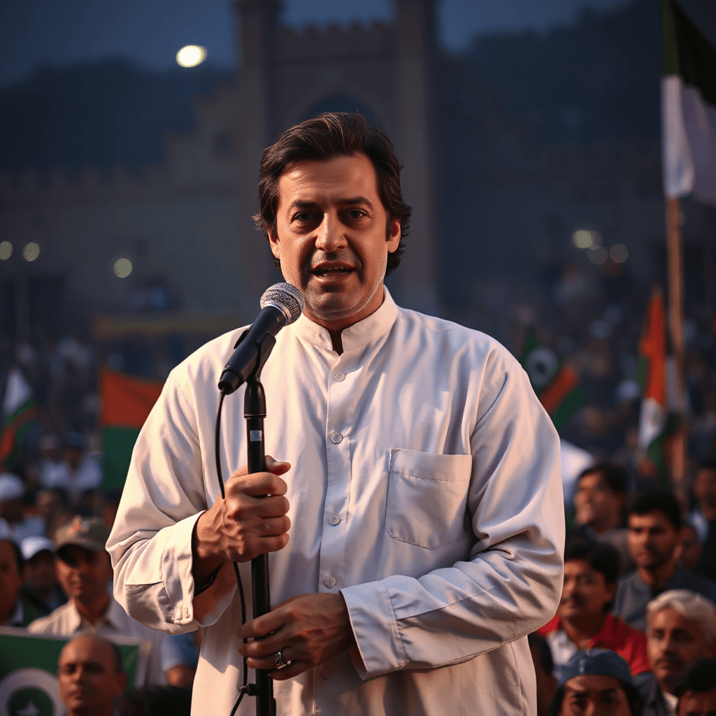 A photorealistic image of Imran Khan speaking at a public rally, standing on a stage and holding a microphone with a serious and determined expression. He is wearing a simple white shalwar kameez, with a blurred crowd and political atmosphere in the background. Dramatic evening lighting, cinematic composition, realistic details, sharp focus on the face, high-resolution.