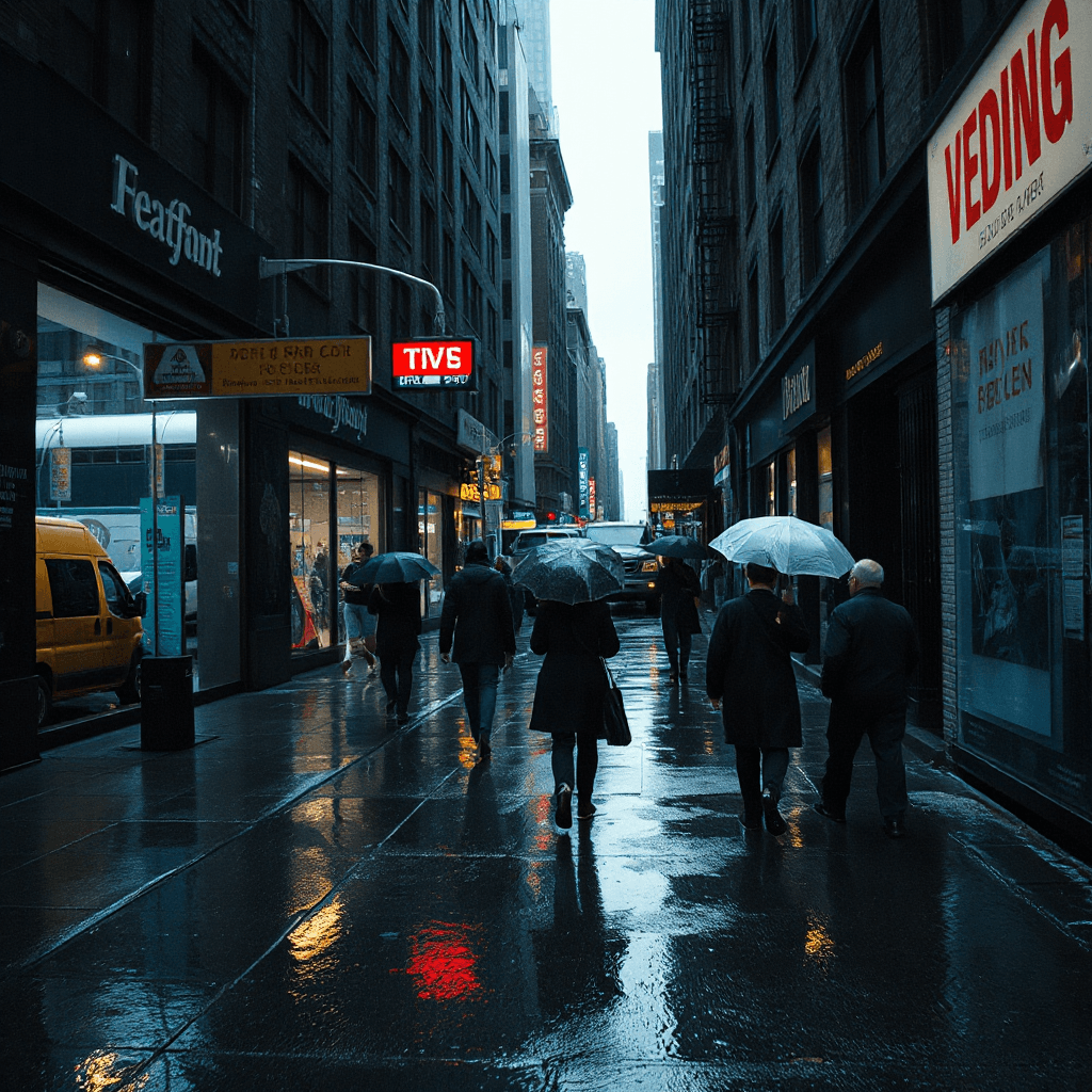 Realistic street photography of a rainy New York alley, pedestrians with umbrellas, cinematic reflections, motion blur, realistic lighting, documentary photography style, highly detailed textures, atmospheric mood