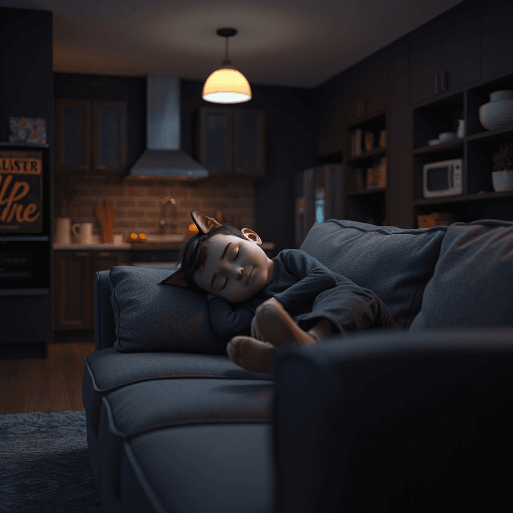 Tom sleeping on sofa at night, dark kitchen background, cinematic lighting, Pixar style, ultra detailed, 4k
2