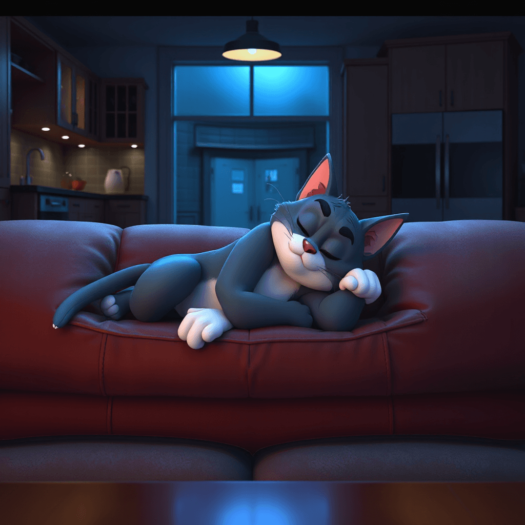 Tom sleeping on sofa at night, dark kitchen background, cinematic lighting, Pixar style, ultra detailed, 4k...tom & jerry cartoon