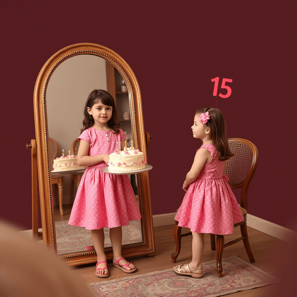 Can you make the older girl stand in front of a mirror with a birthday cake in her hand as soon as the number 15 appears and the younger girl sit in a chair with the birthday cake in the mirror?