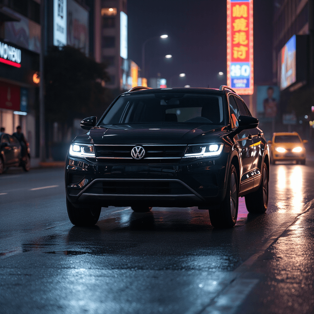 Cinematic Volkswagen SUV driving through Ho Chi Minh City at night, wet road reflections, neon lights, dramatic atmosphere, premium automotive commercial, ultra realistic, detailed headlights, shallow depth of field, cinematic lighting, 4k