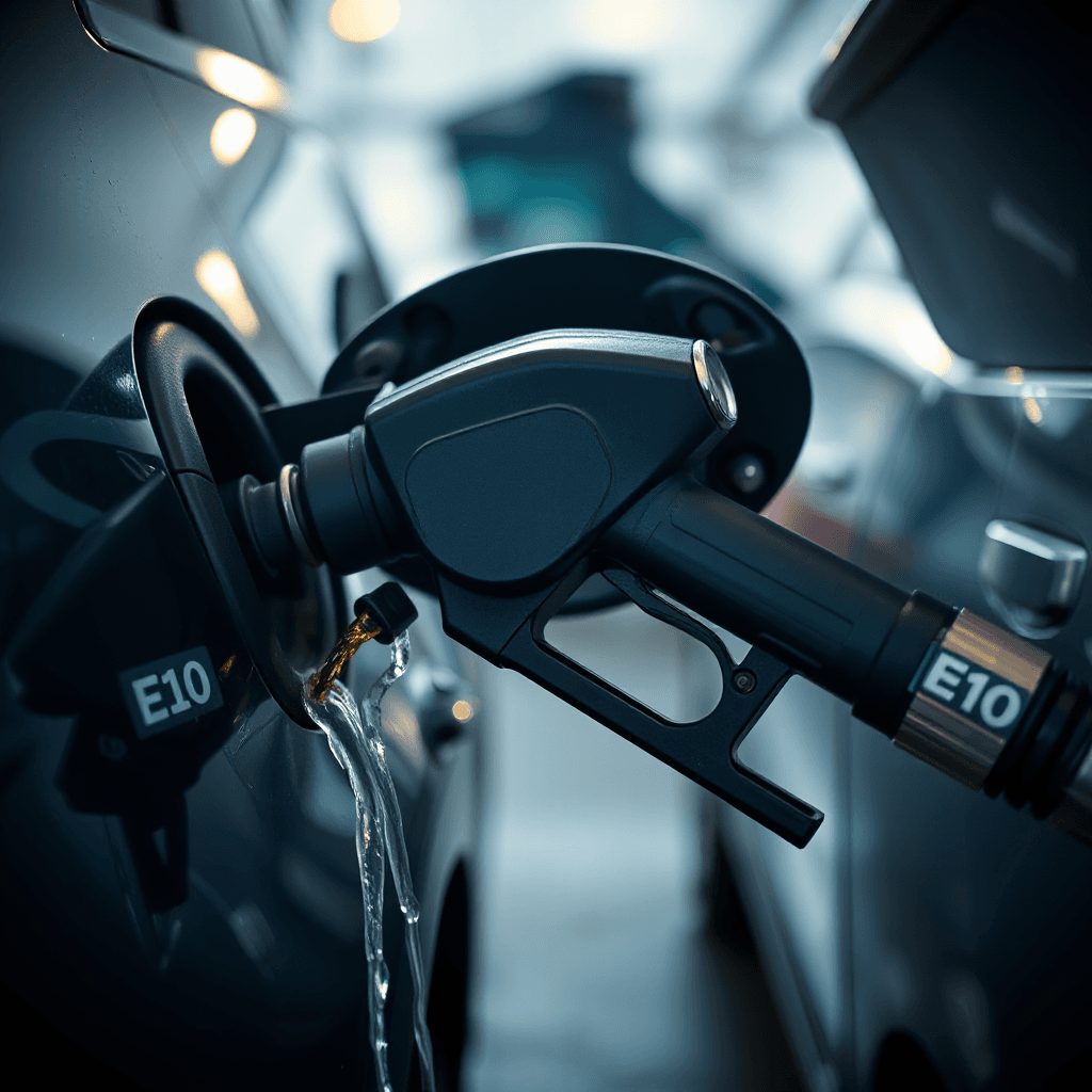 Close-up fuel nozzle pumping E10 gasoline into a modern car, fuel splashing in slow motion, realistic reflections, macro automotive photography, cinematic lighting, ultra detailed, 4k