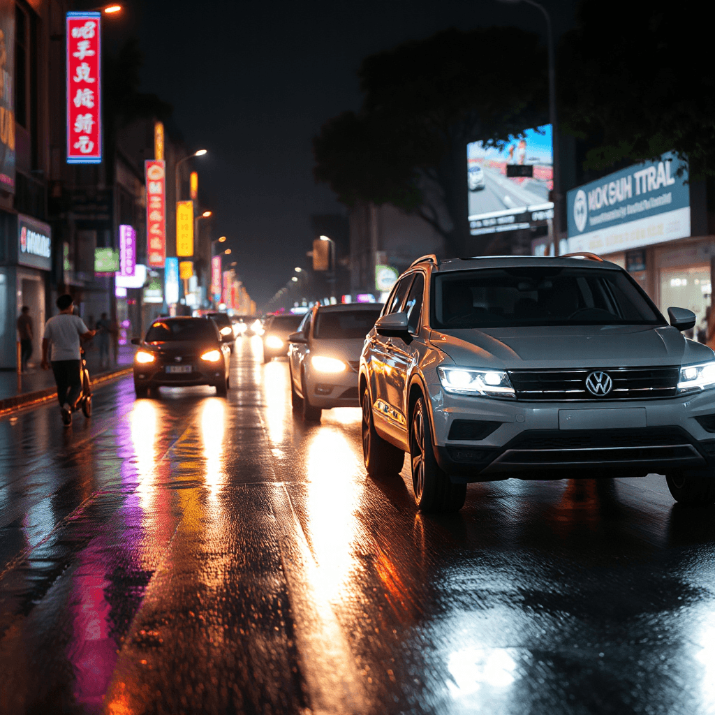 Cinematic Volkswagen SUV driving through Ho Chi Minh City at night, wet road reflections, neon lights, dramatic atmosphere, premium automotive commercial, ultra realistic, detailed headlights, shallow depth of field, cinematic lighting, 4k