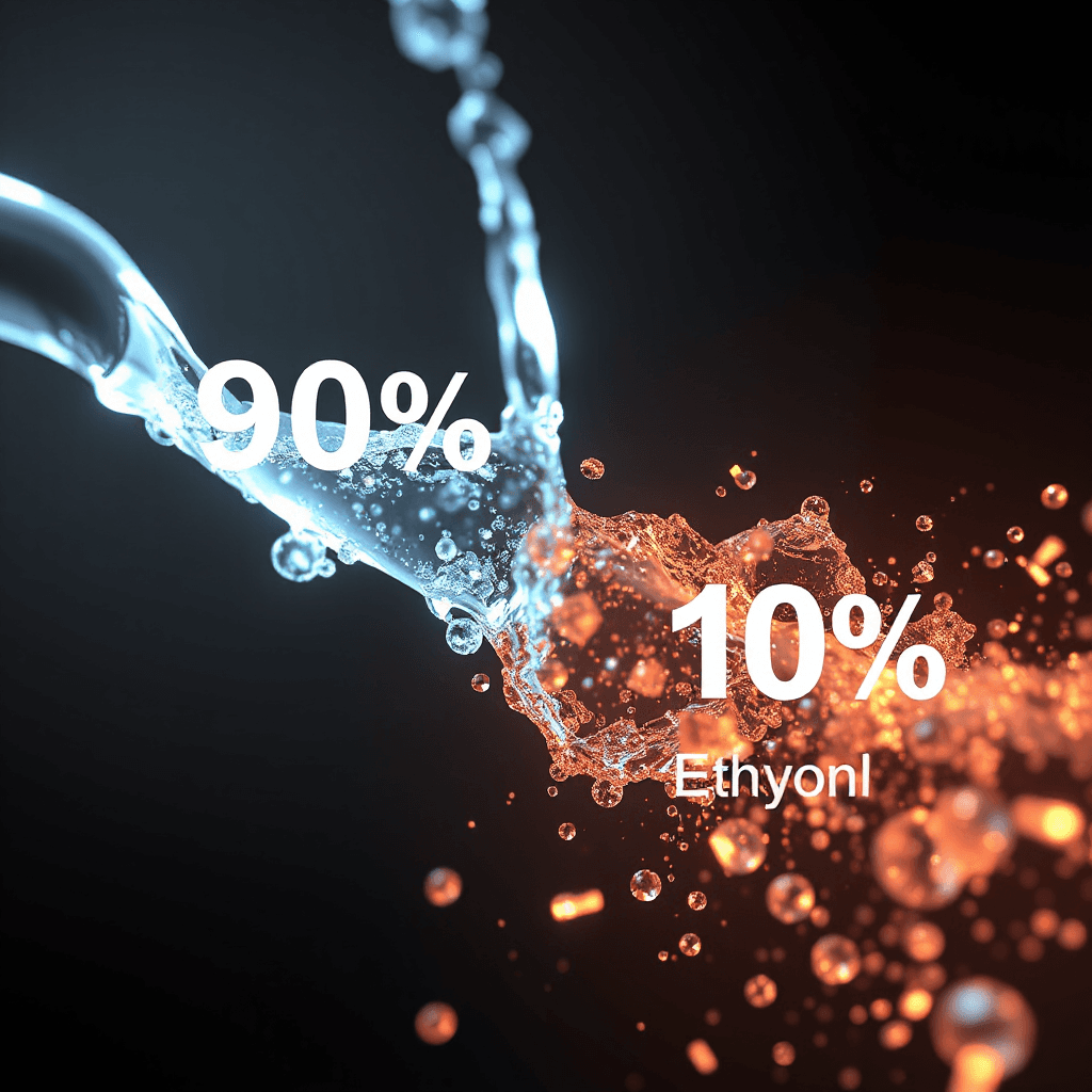 Futuristic infographic showing 90 percent gasoline and 10 percent ethanol mixing together, molecular visualization, clean scientific CGI, automotive technology documentary style, glowing particles, realistic rendering