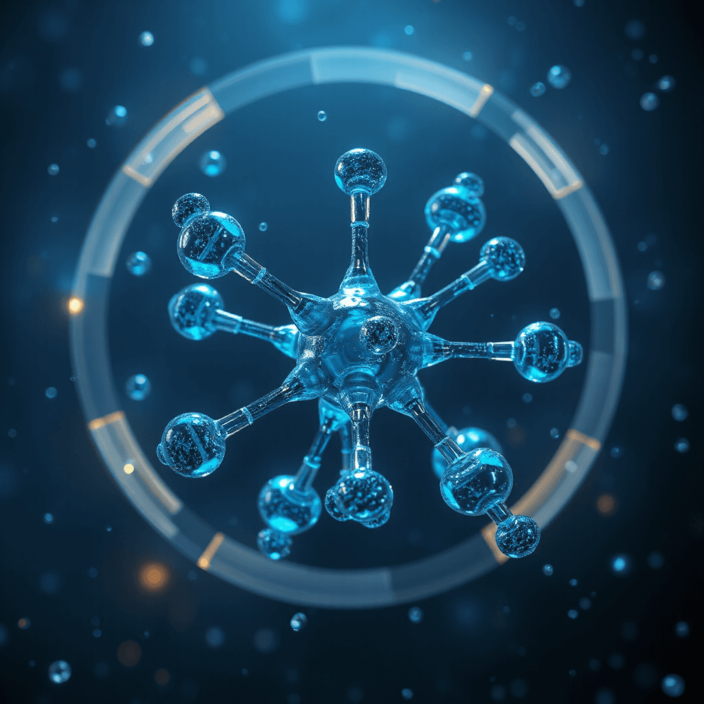 Detailed ethanol molecular structure floating in dark futuristic environment, blue glowing scientific particles, cinematic chemistry CGI, ultra realistic render